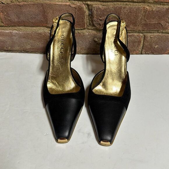 GUCCI Women’s Authentic Black Leather & Suede Sling Back Heel Size 7 - Picture 2 of 11